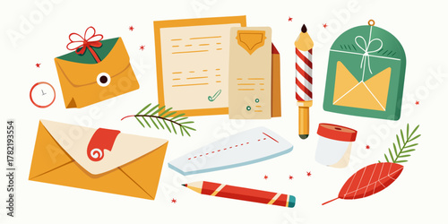 Illustration of stationery items including envelopes, paper and writing tools