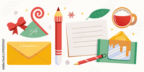 Holiday themed stationery set with envelope, pencil, paper, and christmas tree