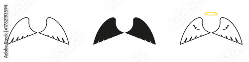 Angel Wings With Halo Line And Solid Black And Color Icon Set. Spirituality, Protection, And Guardian Symbol Outline And Silhouette Symbol Collection. Isolated Vector Illustration