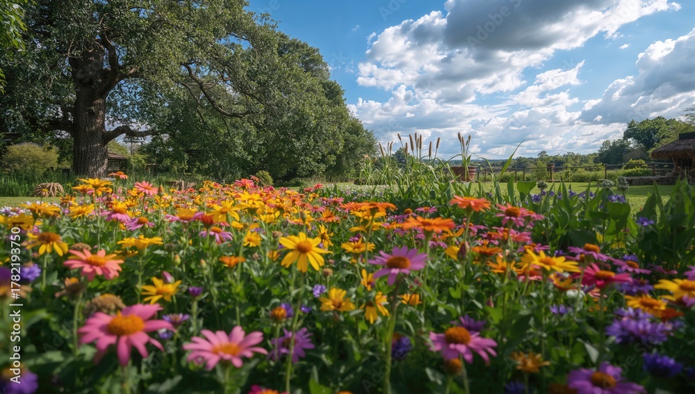 Fototapeta premium Vibrant blooms in a garden, ideal backdrop for editorial layouts
