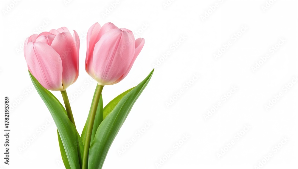 Fototapeta premium Pair of pink tulips with stunning blossoms set against a white backdrop