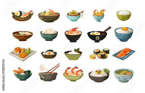 Food in bowls cartoon vector set. Dishes asian cuisine eggs noodles rice, plates with meals rolls dumplings shrimps sushi sticks soup servings isolated on white background