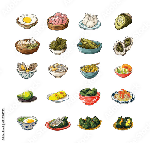 Food in plates cartoon vector set. Dishes asian cuisine eggs noodles rice, bowls with meals rolls dumplings shrimps mussels servings isolated on white background