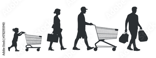 Set of diverse people silhouettes shopping with carts and bags representing retail consumerism and different stages of life cycle