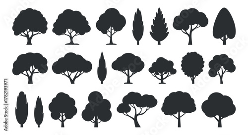 Variety of trees silhouettes representing nature environment ecology and forestry in vector format for use in graphic design projects