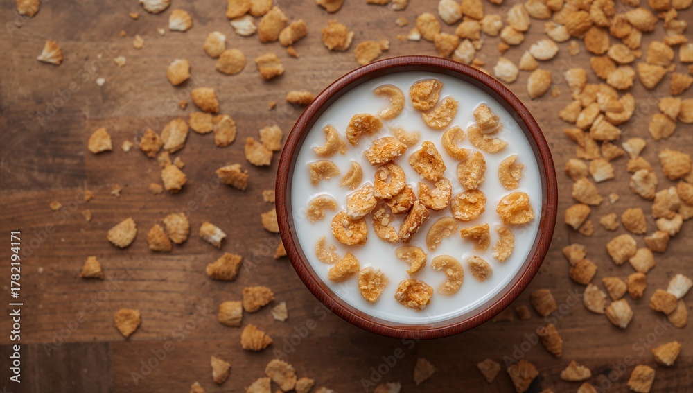Fototapeta premium Cornflakes in Brown Bowl with Milk, Fiber-Dense Choice, Breakfast