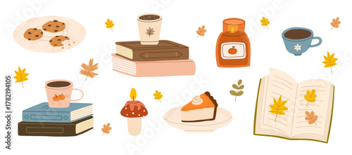Cozy autumn hand drawn reading collection. Set of books and autumn vibe elements. Cup of tea, coffee, candles, pumpkin pie. Flat vector illustration.