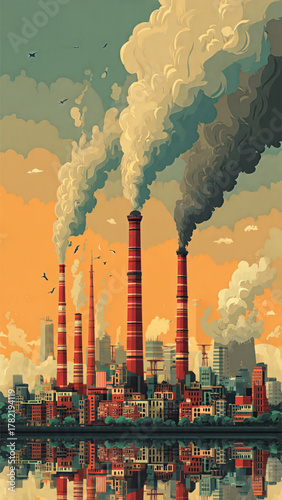 Industrial landscape with towering smokestacks emitting plumes of smoke against a vibrant, hazy sky, reflecting in the water below