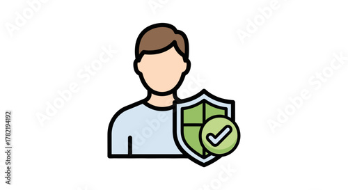 Data protection and security concept with a person protected by a shield and checkmark icon, perfect for illustrating privacy and safe online behavior