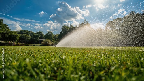 Fototapeta Naklejka Na Ścianę i Meble -  Watering green grass in a summer park under bright sunlight, promoting healthy growth
