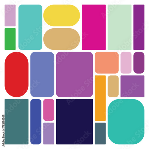 Various colorful shapes assemble together to create an attractive pattern on a clean white background