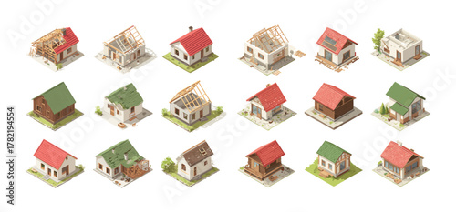Houses construction site phases isometric vector set. Home roof framing timber wood brick building stages process real estate development cottage renovation repair structure foundation walls