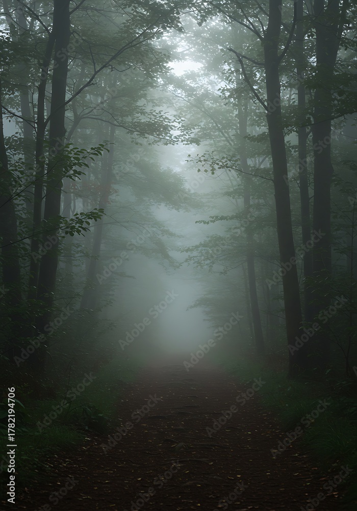 Fototapeta premium Mysterious Forest Path - A Misty Journey Through the Woods.