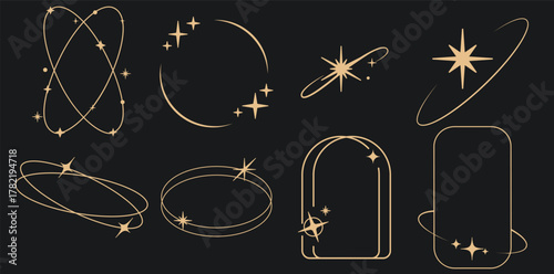 Sparkle star frame. wreath round stardust border for party, birthday decor design. laurel frame with, cosmic glitter shine. isolated black flat vector illustration.