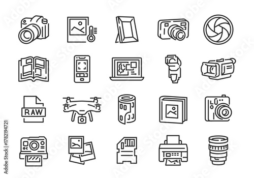 Photography icons. Set of 20 photography trendy minimal icons. Camera, Lens, Drone, Frame, Printer icon. Design signs for web page mobile app packaging design. Vector illustration