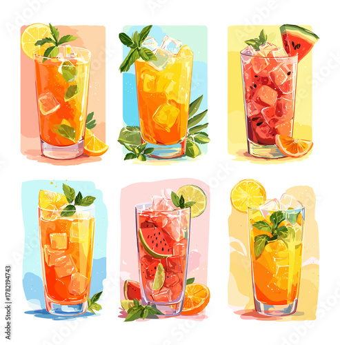Iced tea summer cocktails cartoon vector set. Refreshing citrus lemon berry herbal mint watermelon ice orange drinks juice beverages Invigorating chilled cool fresh cold isolated illustration