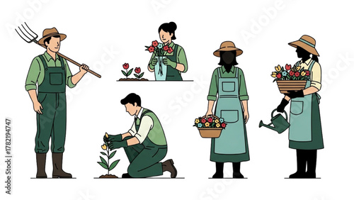 Gardeners' Activities Planting, Watering, and Harvesting Flowers in a Beautiful Garden