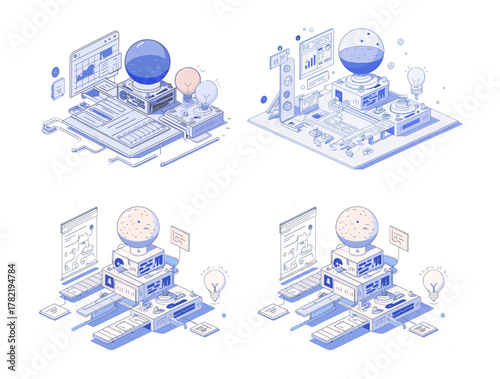 Ideas factory isometric vector concept. Producing machine lamps clipboards conveyor, phantasy center notes buttons mechanical constructions micro chips electronics isolated on white background