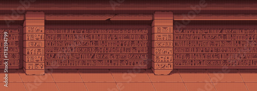 Pixel art egyptian hieroglyph wall seamless background.
