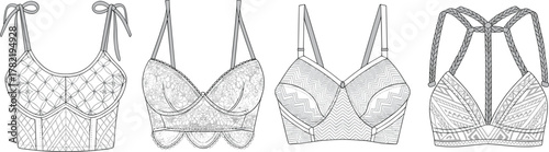 Fashion lingerie bralette technical sketch collection, detailed women bra design, lace, geometric pattern, fashion illustration, textile garment drawing