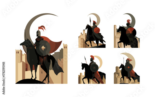 Knight on horse cartoon vector set. warrior riding in armor lance helmet, character steed saddle bridle weapon full height side view defender shield castle moon isolated on white background