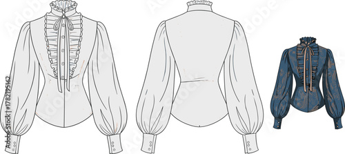 Women vintage ruffle blouse fashion flat sketch, puff sleeve shirt template with bow tie neckline, elegant apparel technical illustration, vector design