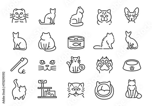 Cat icons. Set of 20 cat trendy minimal icons. Kitten, Paw, Bowl, Toy, Food icon. Design signs for web page mobile app packaging design. Vector illustration