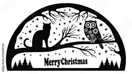 Whimsical black silhouette of a cat and an owl sitting on a bare tree branch under a starry sky with merry christmas text