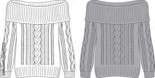 Off shoulder knitted sweater technical fashion sketch, cable knit winter pullover illustration, cozy women apparel design, detailed clothing artwork