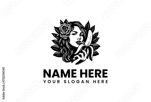 Retro Style Woman with Banana and Rose Logo