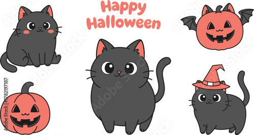 Happy Halloween with cute black cats and pumpkins, a festive illustration for the holiday