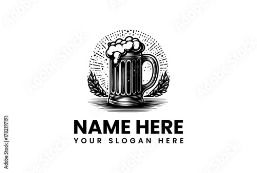 Craft Beer Mug with Hops and Sunburst Logo Design - Retro Style Brewery Emblem