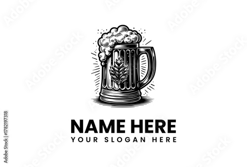 Classic Vintage Beer Mug Emblem with Wheat Stalks and Bubbles - Perfect for Brewery Logos and Pub Branding