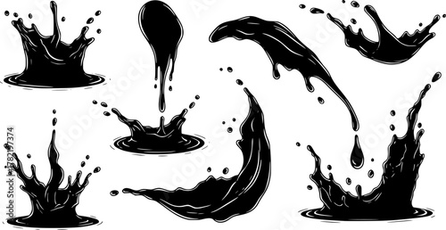 splashes, drops, flowing, dark, vector graphics

