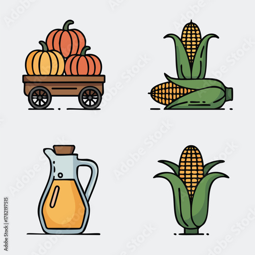An illustrative collection of autumnal harvest symbols featuring a wagon of pumpkins, corn on the cob, and a pitcher of oil, designed in a modern line and flat style