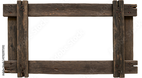 A rustic rectangular frame made of weathered dark wood, a natural border for country-style invitations, photos, and menus.Transparent Background, Cutout