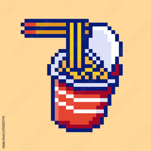 A cup of instant noodles, designed in a classic 8-bit pixel art style. This illustration features chopsticks pulling up noodles from a red and white cup, symbolizing a quick and tasty meal