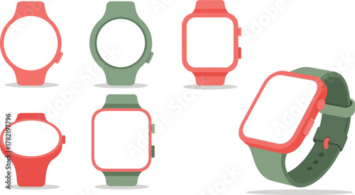 Collection of modern smartwatches with customizable digital screens and straps, showcasing diverse designs and colors