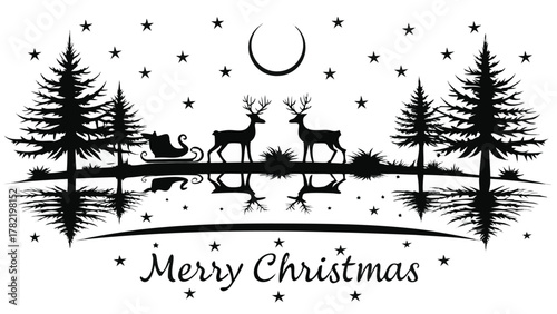 Silhouette of two reindeer pulling a sleigh through a winter forest under a crescent moon and stars with reflections