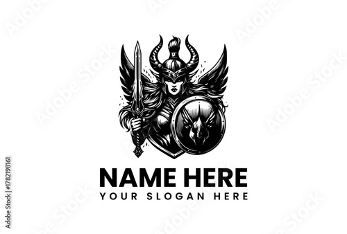 Valkyrie Warrior Emblem Fierce Female Figure Holding Sword and Shield, Ready for Battle