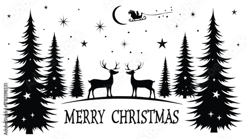 Silhouette of two reindeer standing in a snowy forest under a crescent moon with santa flying in his sleigh above