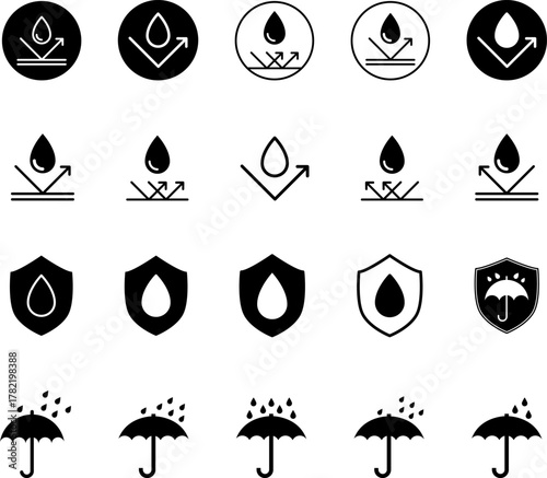 Waterproof icons. Water Proof sign collection. Water resistant symbol. Water protection icon with shield. Vector, PNG, jpeg. Keep dry. Open umbrella with water droplets icons set Water drop protection