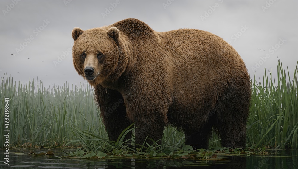 Fototapeta premium Brown bear in marshy environment, exploring natural habitat, preservation
