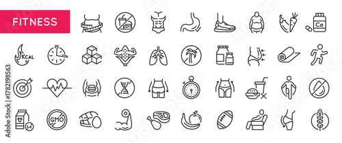 Fitness icons. Large set of fitness trendy minimal icons. Body, Muscle, Scale, Heart, Lungs, Diet, Running icon. Design signs for web page, mobile app, packaging design. Vector illustration