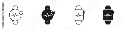 Smartwatch With Heartbeat Line And Solid Icon Set. Heart Rate Monitoring And Fitness Tracking Outline And Silhouette Symbol Collection. Wearable Health Technology. Isolated Vector Illustration