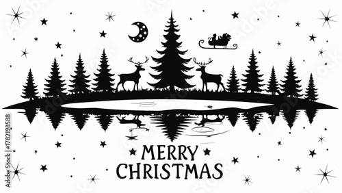 Silhouette of a winter forest scene with reindeer santa s sleigh and a crescent moon reflected in water with merry christmas text