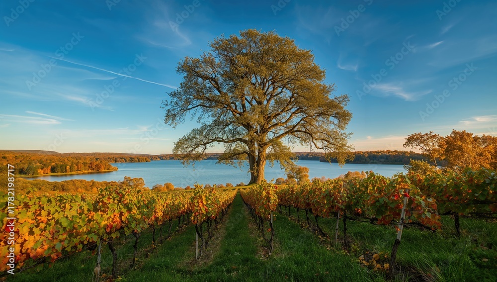 Naklejka premium A tree alongside a vineyard near a lake, emphasizing seasonal change