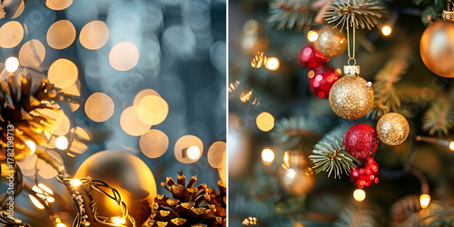Christmas tree close-up, Golden holiday bokeh, Festive baubles and lights