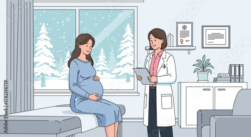Pregnant woman at doctor's appointment in winter, ideal for health care and maternity guidance materials
