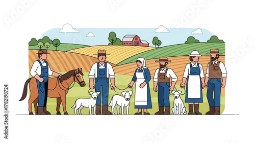 Rural Life Farmers with Animals on a Farm Landscape Illustration